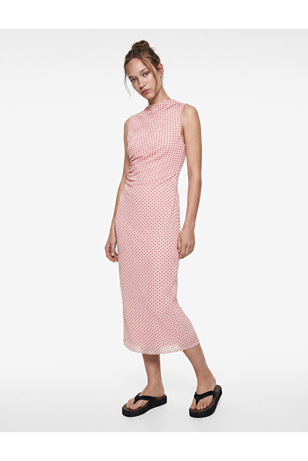 Drapeli Slim Fit Sleeveless Crew Neck Polka Dot Long Dress