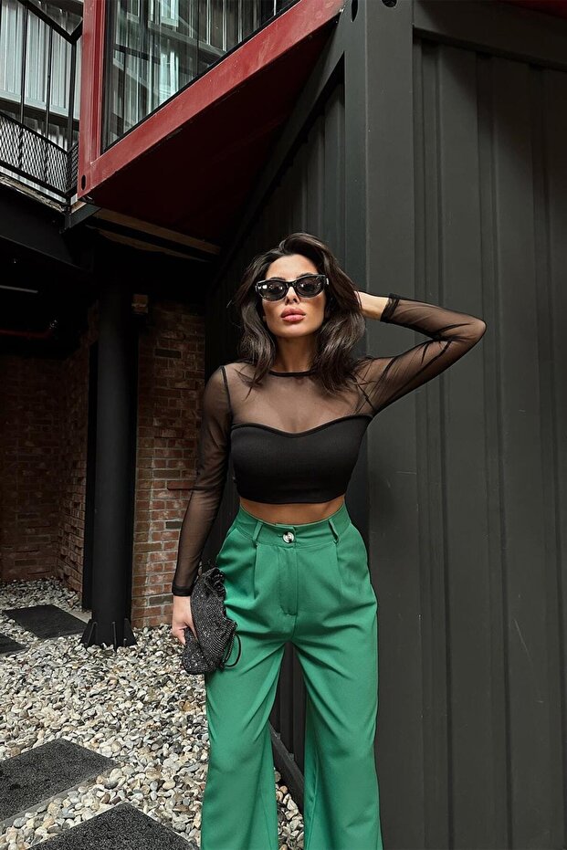 Women's Transparent Sequined Hard Hat Crop Blouse Zyn-58420