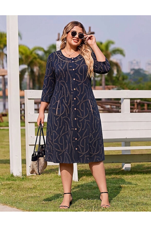 Women's Navy Blue Patterned Buttoned Pocket Cotton Plus Size Casual Dress