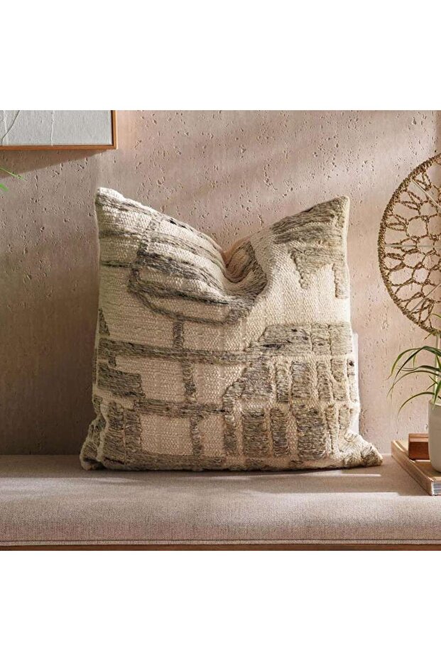 Atlas Wool Embroidered Down Alternative Filled Cushion 50x50cm - Natural