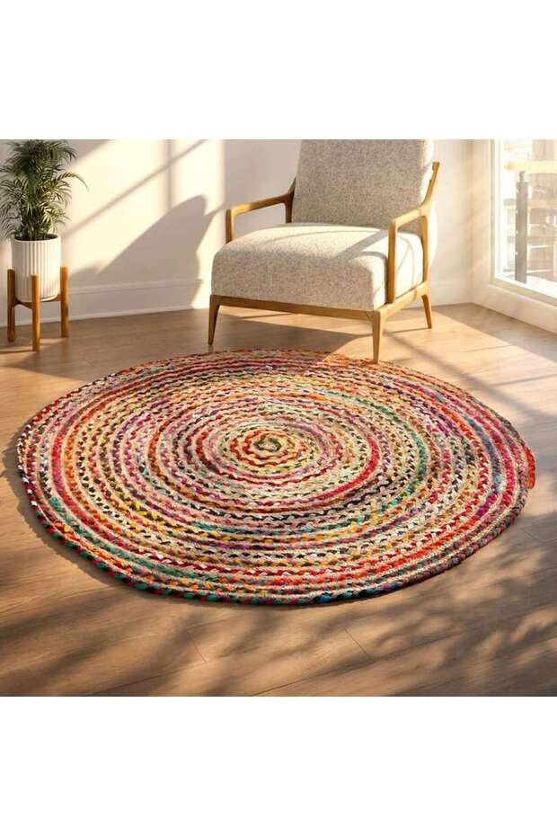 Twisty Round Braided Jute Rug D120cm - Multi