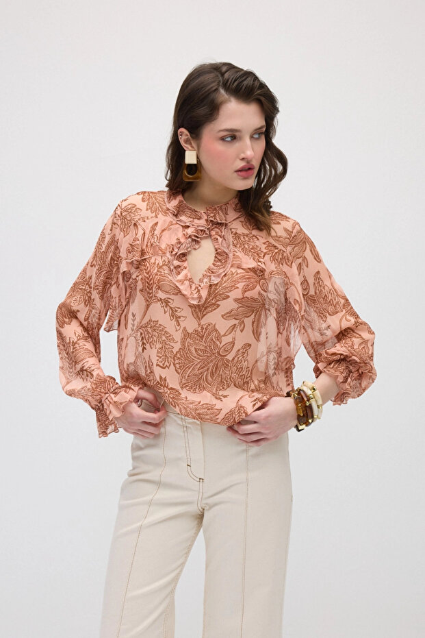 Ruffled Yaprak Patterned Rayon Chiffon Blouse - Pink