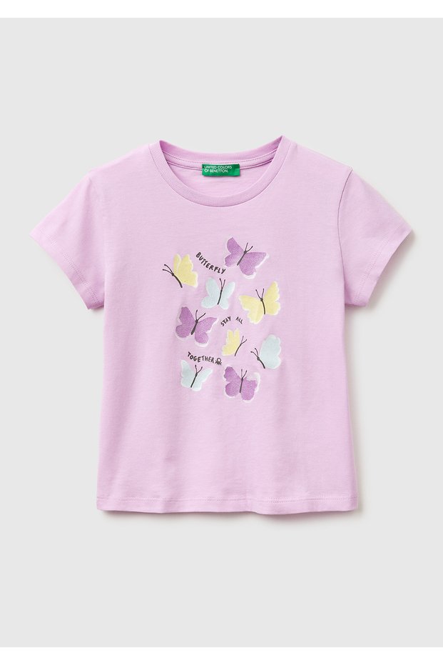 Girl's pink glitter water-based print crew neck t-shirt