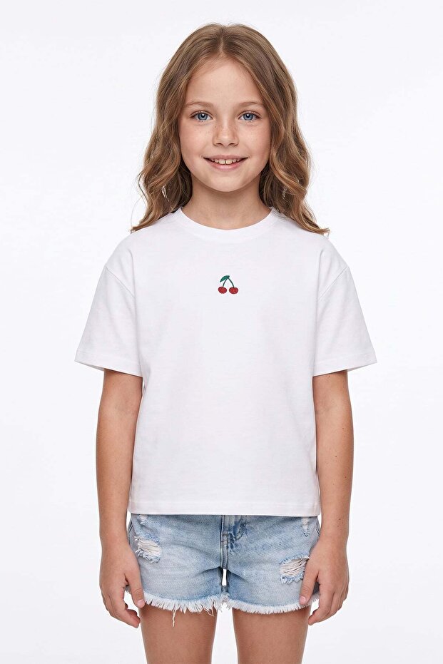 Cherry Embroidered Crew Neck Modal Girls' T-Shirt