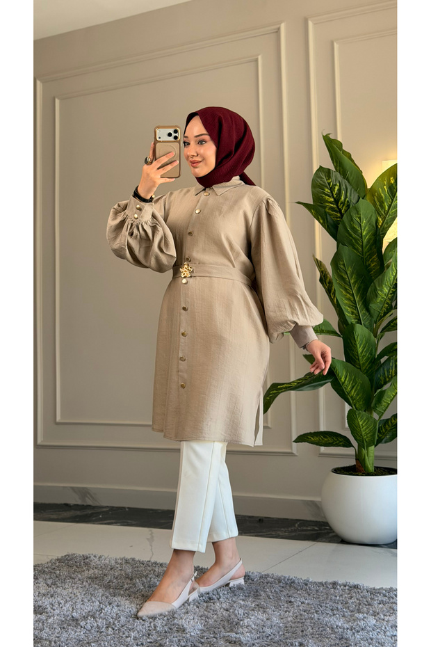 6423 - Comfortable Zippered Buttoned Viva Balloon Sleeve Long Tunic with Waist Belt Detail