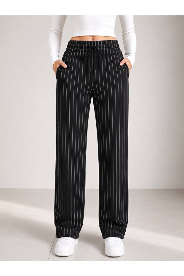 Elastic Waist White Striped Black Sweatpants Wide Leg Trousers