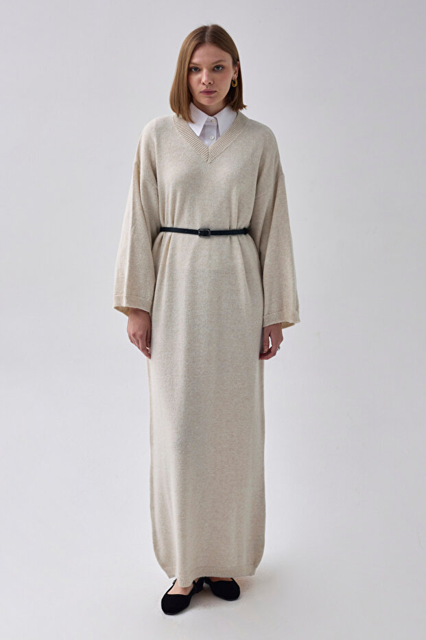 V-Neck Knitwear Dress Stone