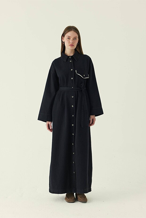 Lace Detailed Denim Dress Black