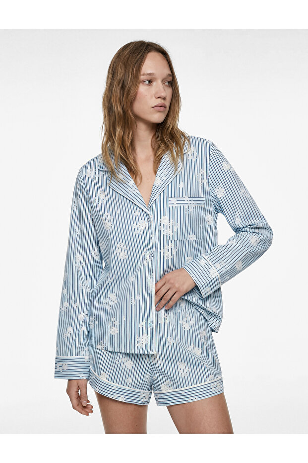 Cotton Pocket Detailed Long Sleeve Floral Patterned Striped Pajama Top