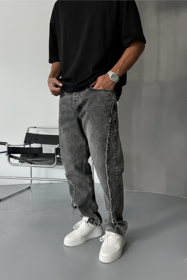 Men's Anthracite Baggy Comfortable Fit Stripe Detailed Special Vintage Washed Design Jean Trousers