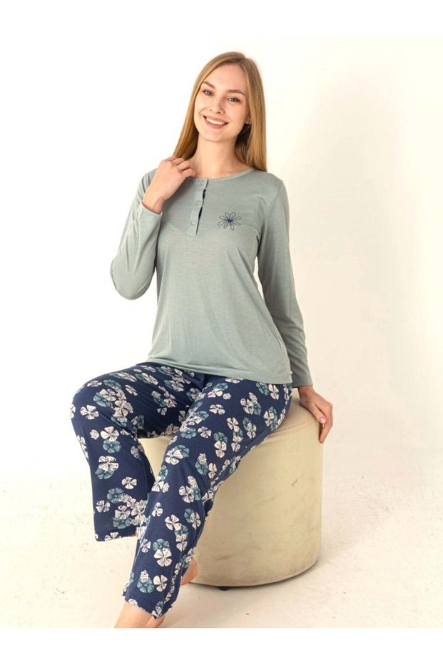 Women's Seasonal Pajama Set with Patches | Modern Comfortable Stylish Long Sleeve Home Wear 79-121