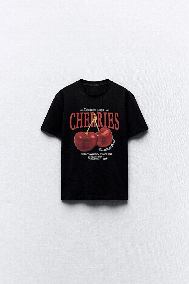 Cherries Written Cherry Design Printed Black Women's Oversize T-Shirt