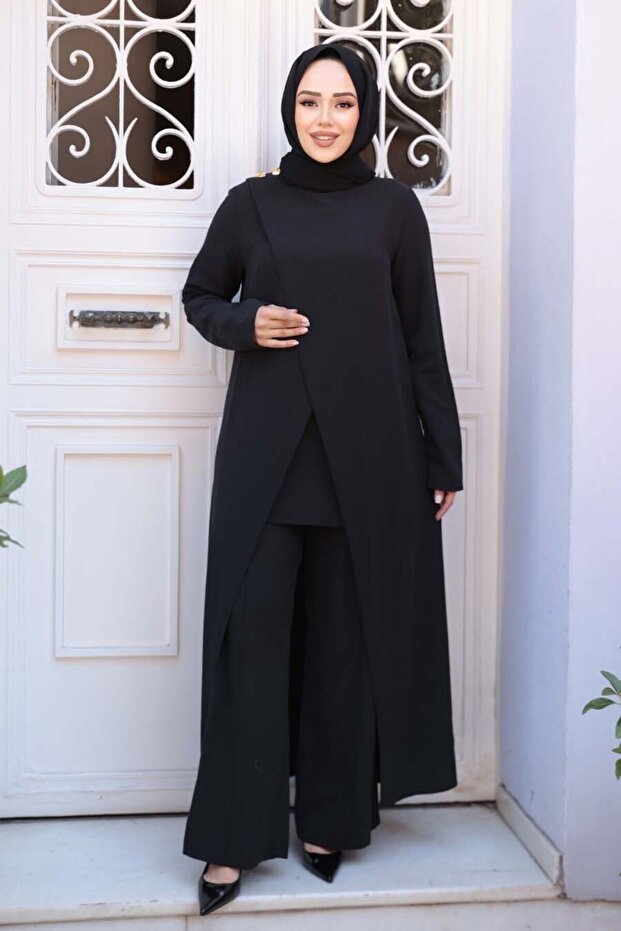 Asymmetrical Detailed Black Hijab Double Suit 76471S