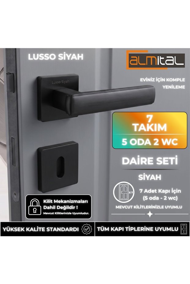 Lusso Black 5 Pieces Room 2 Pieces Wc Square Rosette Door Handle Set, 3 1 Apartment Door Handle Set