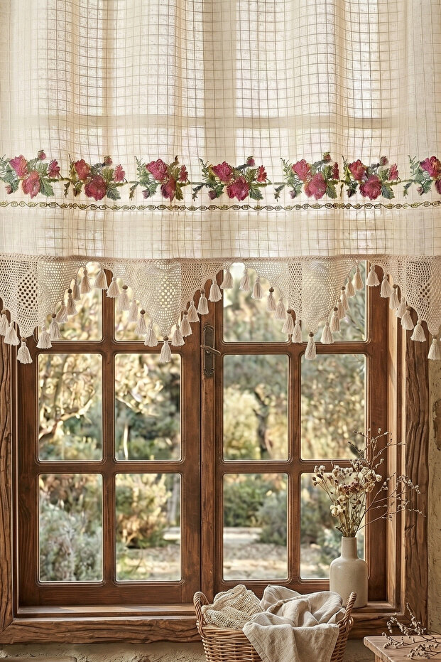 Buldan Handmade Cross-Stitched Lace Authentic Cotton Decorative Living Room Kitchen Bedroom Curtain