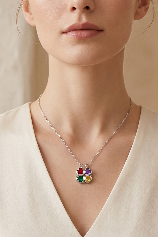 Accessories Colorful Stone Magnetized Open-Close Stainless Steel Clover Necklace (42+5 cm)