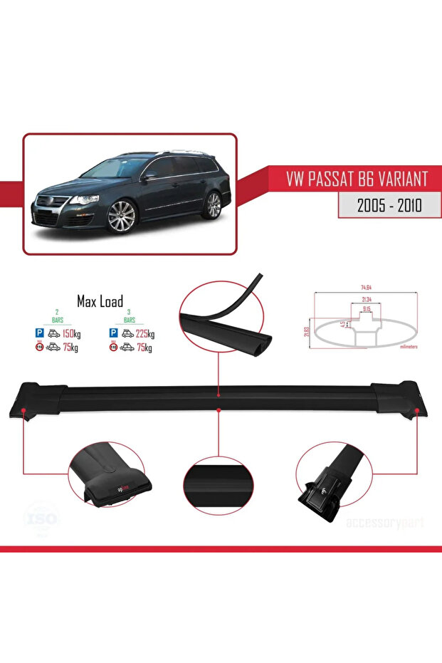 Volkswagen Passat (B6) VARIANT 2005-2010 Arası ile uyumlu FLY Model Ara Atkı Tavan Barı SİYAH - 4