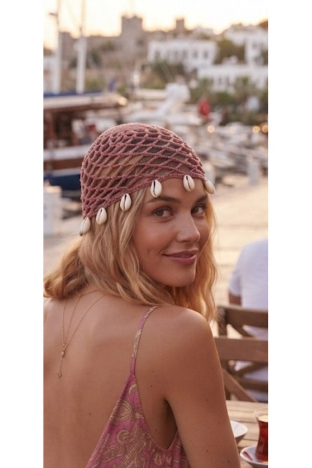 Hand Knitted Seashell Summer Mesh Beanie - 2026 Beach and Hair Bandana - Holiday Accessory - Beanie