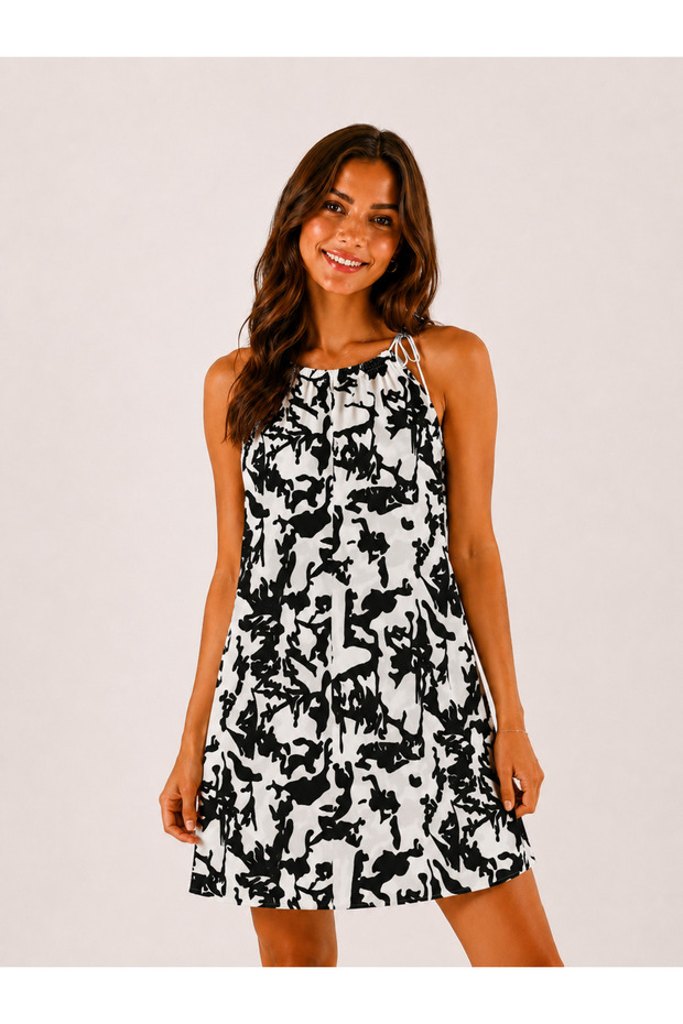 Women's Black Patterned Thin Strap Mini Dress Summer Casual Dress