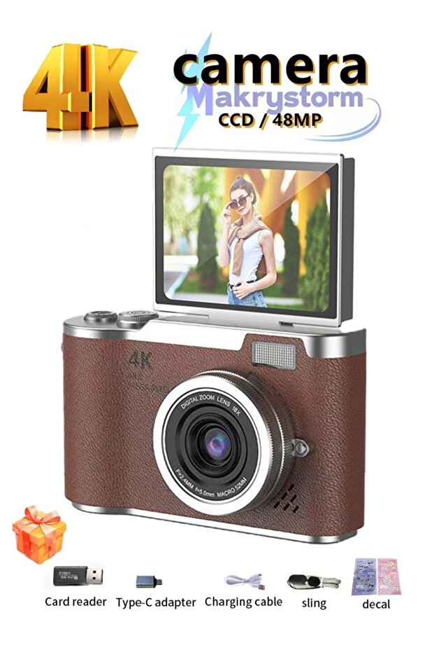 كاميرا رقمية محمولة للطلاب بدقة 48 ميجابكسل وتكبير رقمي CCD بدقة 4K وزاوية تصوير 180 درجة ° كاميرا سيلفي بشاشة قابلة للطي