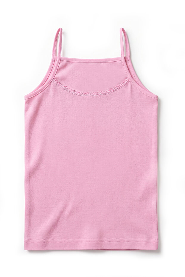 Girl's 100% Cotton Undershirt with Ribbed Thin Straps and Lace Detail, Ergonomic Design (8020)