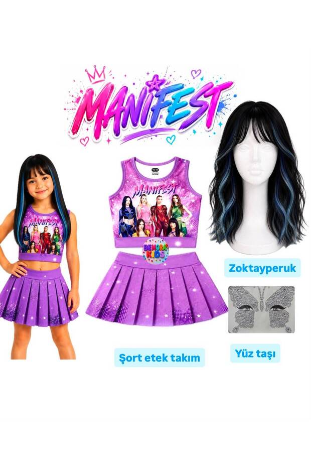 Manifest Mor Skirt Blouse Bottom Top 2-Piece Set Shorts Skirt Girl Child Bottom Top Set Manifest Zoktay Black Blue Wig - Face Stone Set Party Concert Birthday Beach Wear