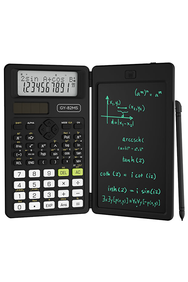 Black 82MS 2-In-1 Foldable Scientific Calculator & 6 inch Writing Tablet 82MS 240 Function LCD Displ