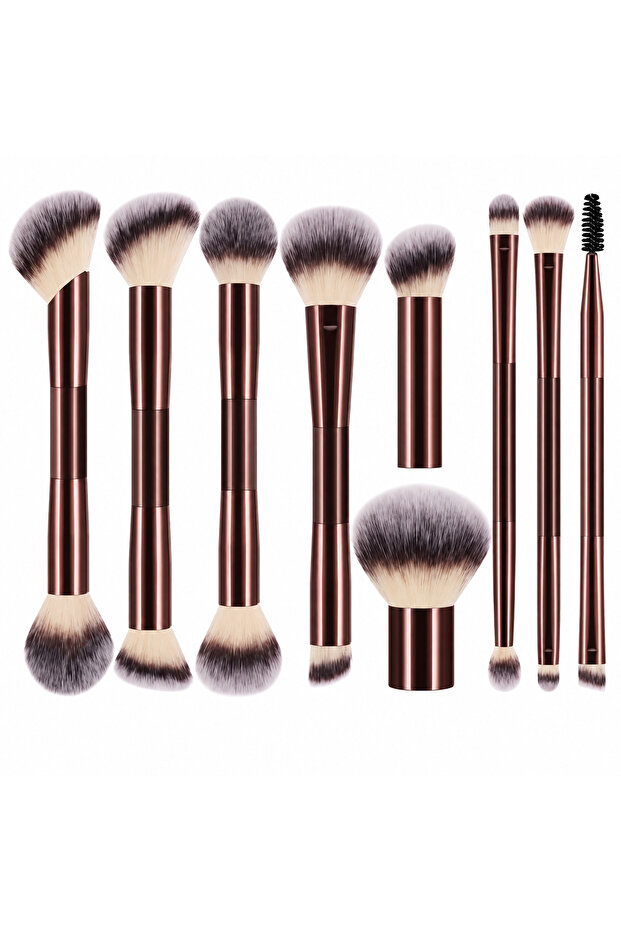 9Pcs Double Ended Makeup Brush Set, Dark Burgundy Handles, for Full Face & Eye Makeup