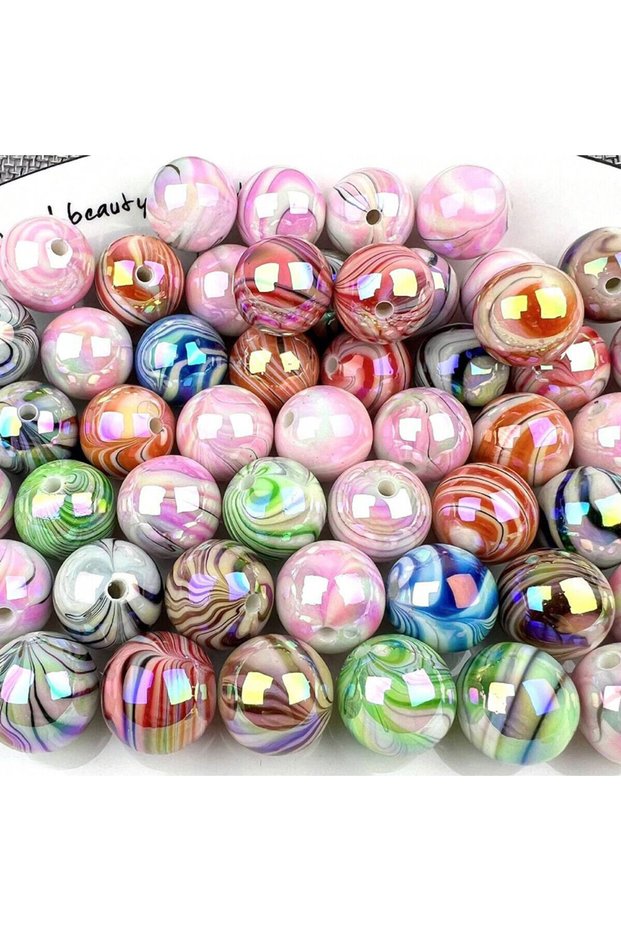 100pcs 10mm random color 50/100pcs AB Colored Acrylic Beads With Stripe Pattern Round Balls Beads Fo