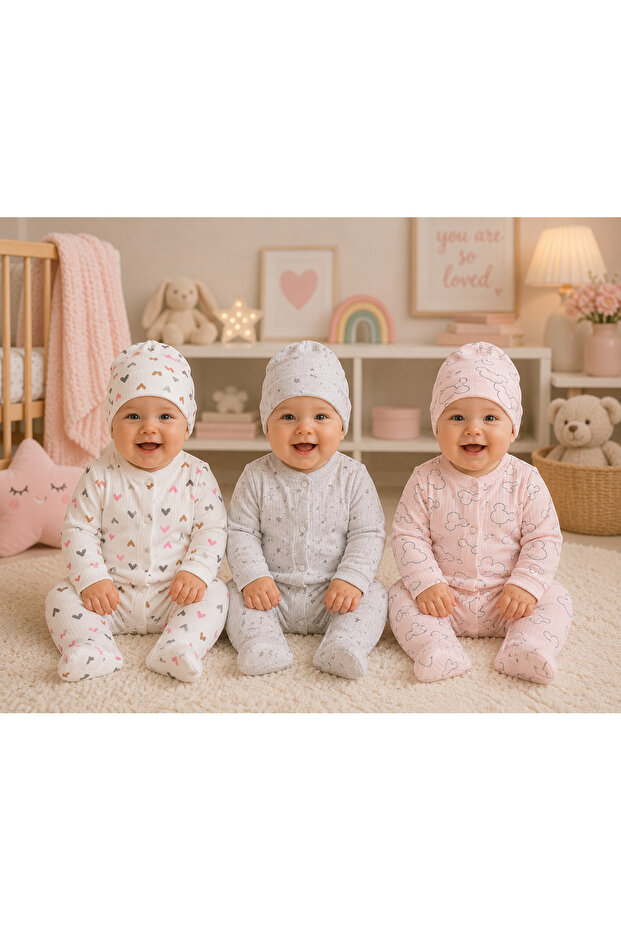 100% Cotton Baby Romper and Hat Set with Booties, 3-Piece Set - Boxed Product