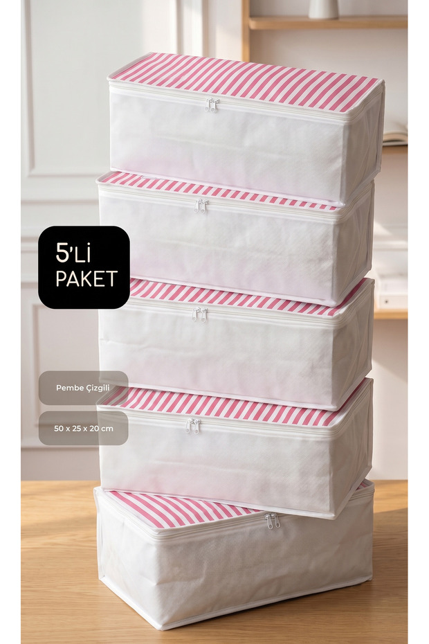 Set of 5 Medium Size 50X25X20Cm Base & under Sofa Bed, Clothes Organizer Storage Pink Striped