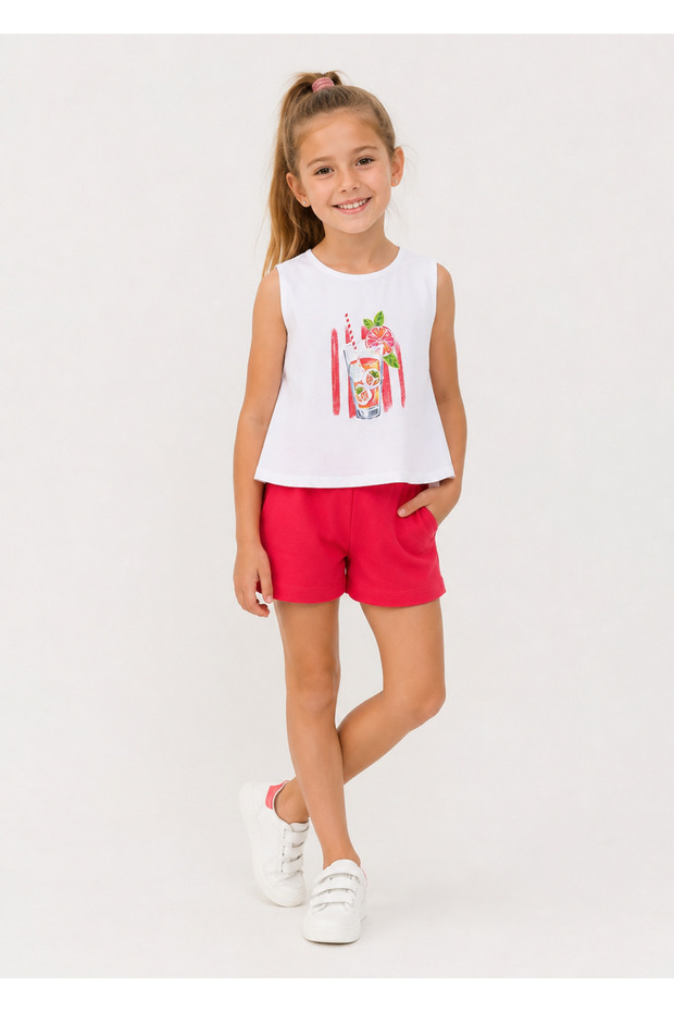 Printed Blouse and Shorts Two-Piece Set for Ages 4-10 - Red
