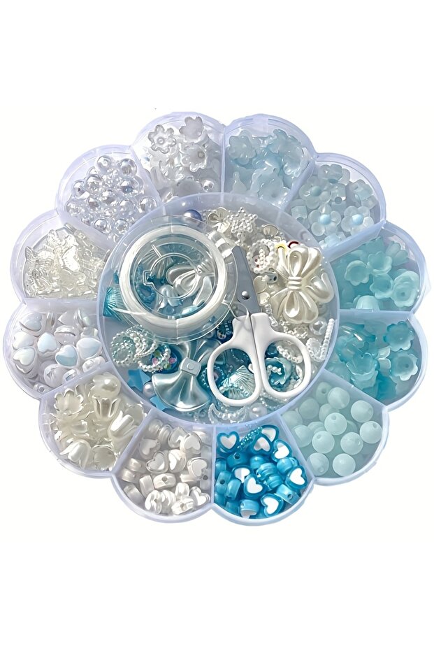 MH-13-10 13 Grid 0.6-2.6cm Blue and White Mixed Acrylic Round Beads, Flower Beads Can Be Used to Mak