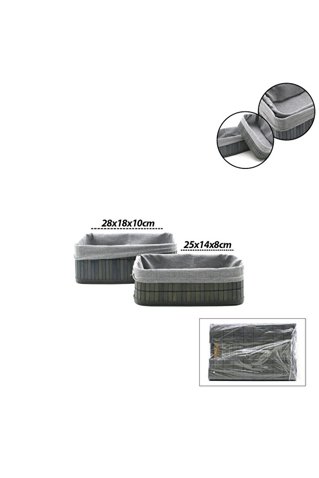 Gray 2 Size Rectangular Bamboo Edge Organizer Basket with Wooden Base - with Cloth 25X14-28X18Cm (5263)