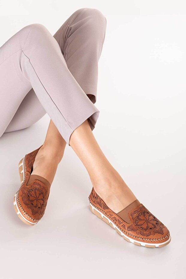 Genuine Leather Laser Perforated Comfortable Summer Shoes Ars.141 Tan