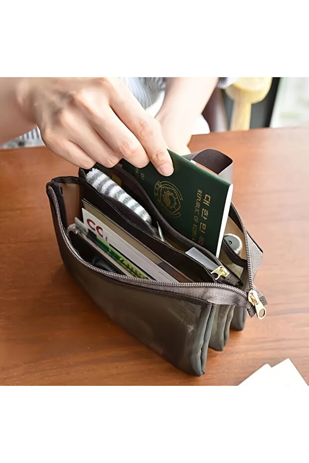 Brown 3-Layer Large-Capacity Mesh Transparent Cosmetic Bag, Lightweight Travel Lipstick and Toiletri