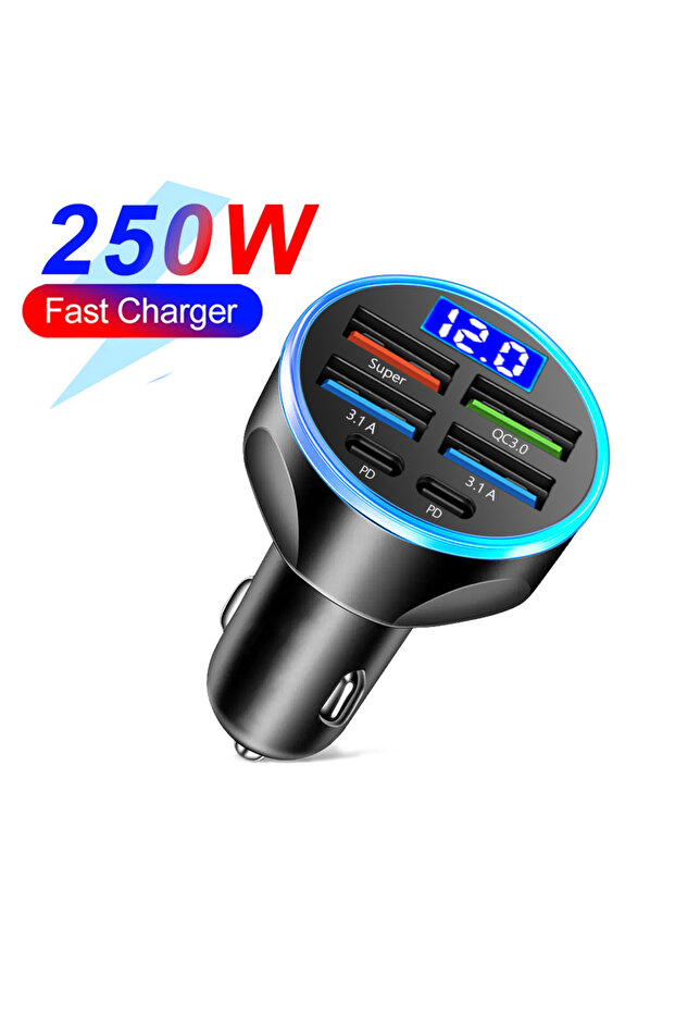 6 Port Volt display 66-250W PD Car Charger QC3.0 Fast Charge One to Six Car Cigarette Lighter Plug C