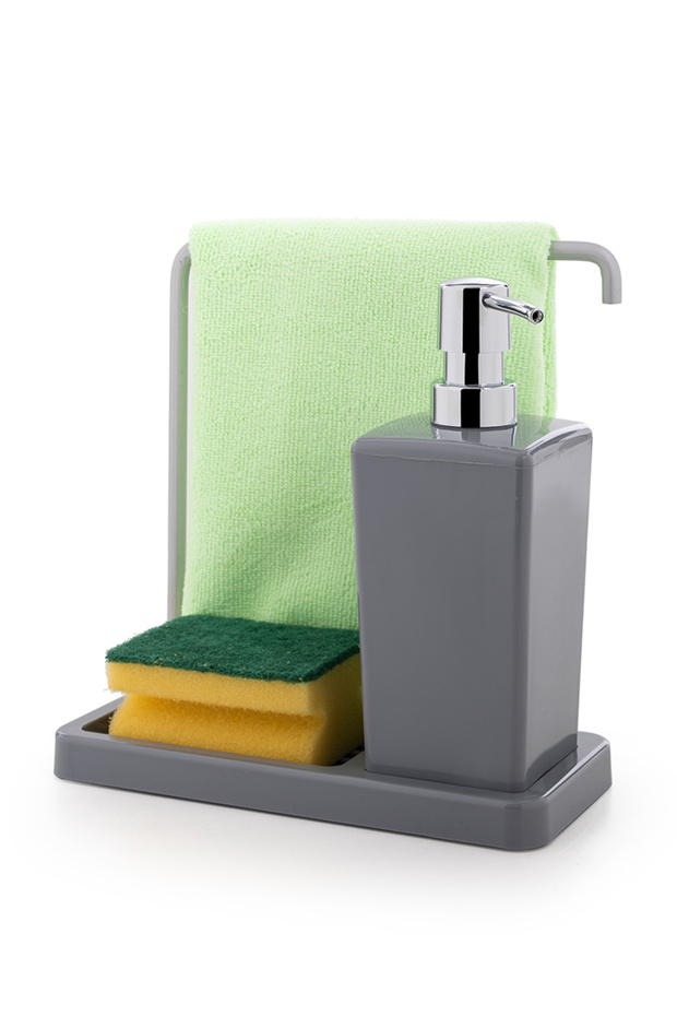 Luna Stainless Aluminum Kitchen Liquid Soap Dispenser with Cloth Hanger - Gray