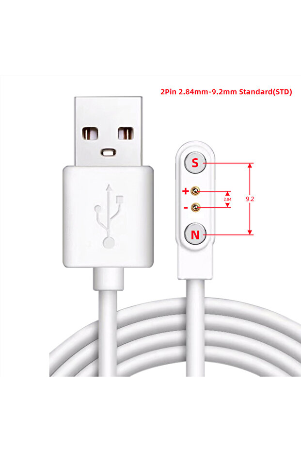 كابل شحن مغناطيسي أبيض 2.84-9.2 مم STD بـ 2 و4 و5 دبابيس من USB إلى Pogo Pin للساعات الذكية وسماعات الأذن