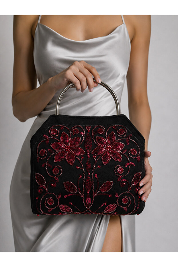 Varia | Satin Fabric Silver Metal Handle Women's Handbag Evening Dress Bag