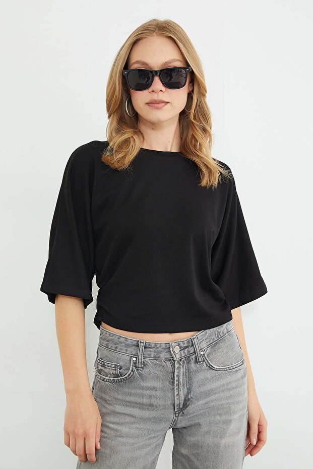 Bat Sleeve Blouse with Draped Sides