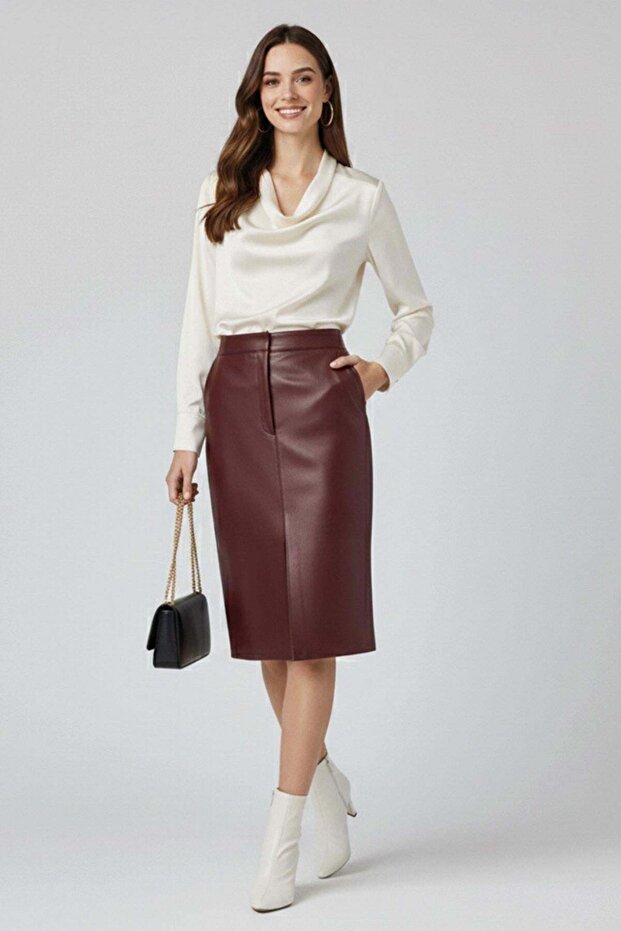 Burgundy Lina Midi Genuine Leather Women's Skirt with Slit Detail