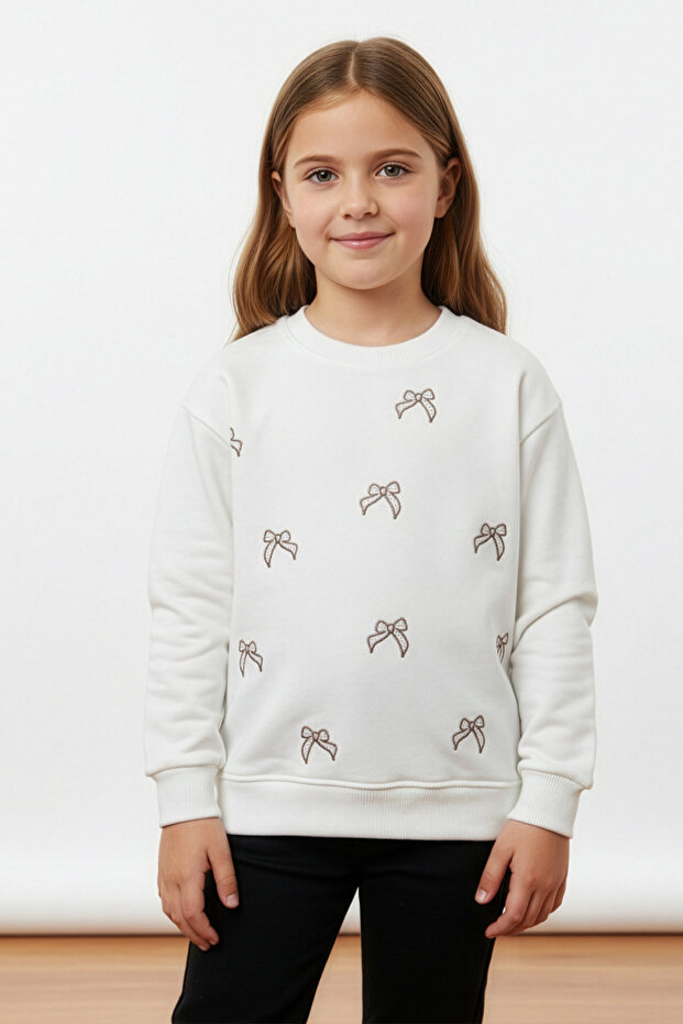 Bowknot Embroidered Stoned Girls' Sweatshirt