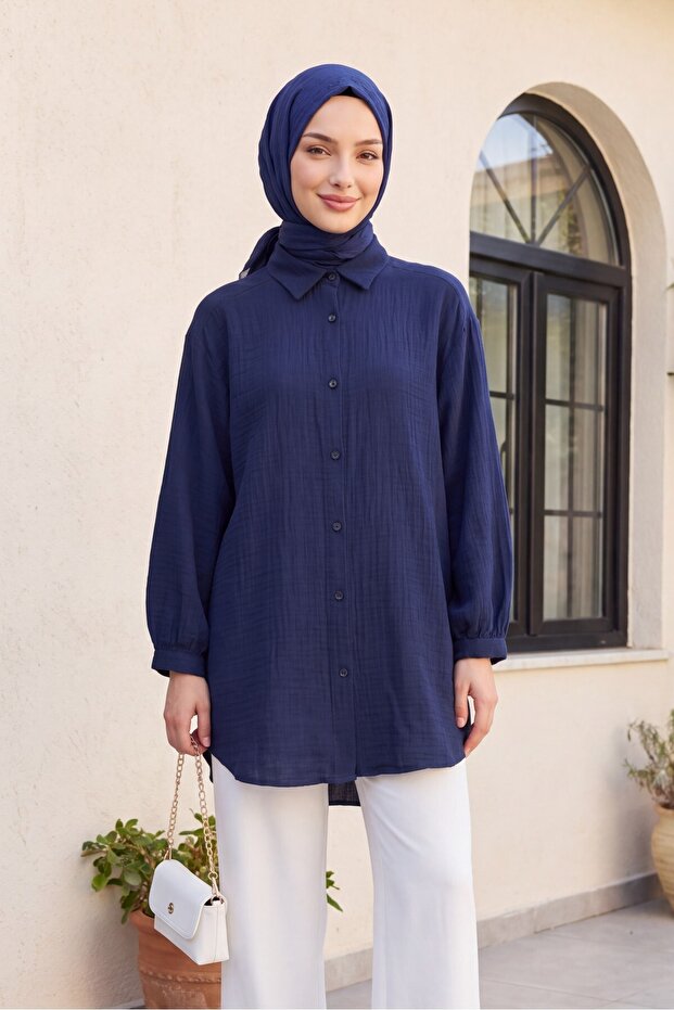 Oval Cut Buttoned Muslin Shirt - Dark Blue