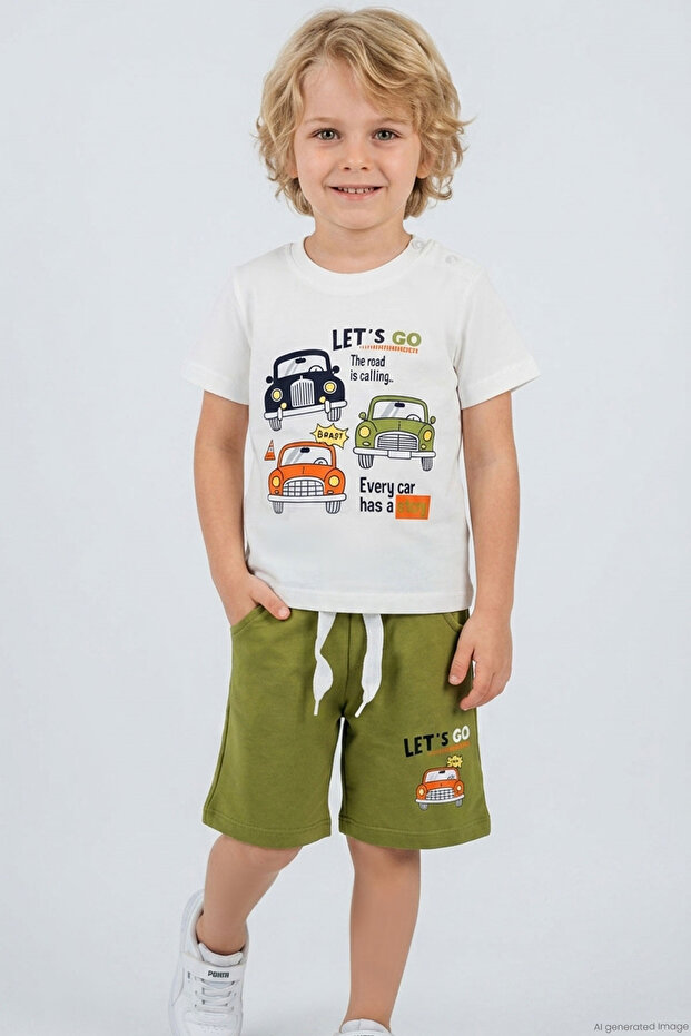 Boy's Shorts Set with Retro Car Print, Ages 1.5-5, Ecru