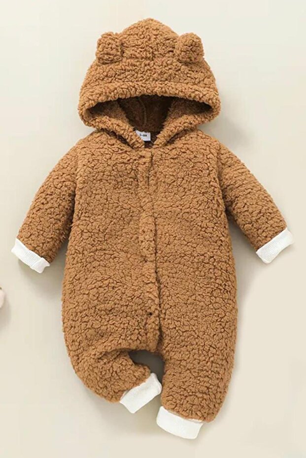 Kışlık Tatlı Kapşonlu Bebek Peluş Welsoft Tulum Kahverengi