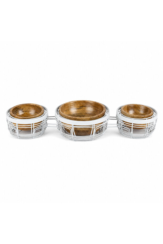 Wire 3 Serving wood bowls with stand