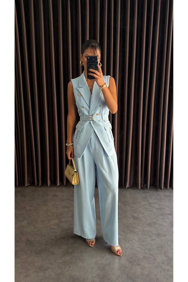 Women's B Belted Vest Suit Baby Blue