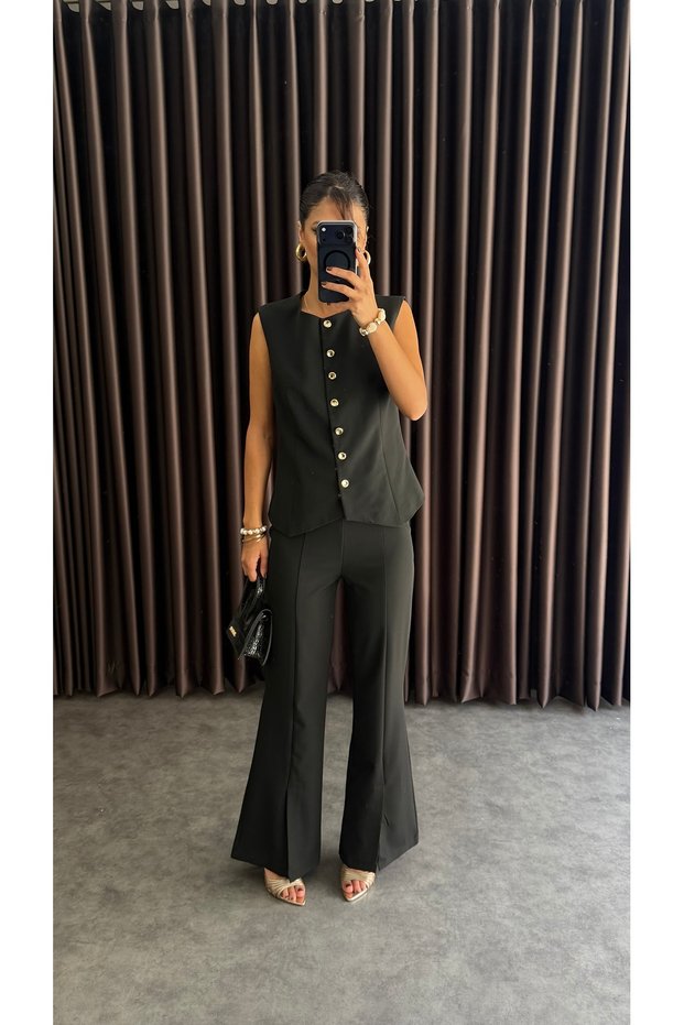 Women's Double Suit with Slit-Cut Sleeves, Buttoned Vest and Trousers
