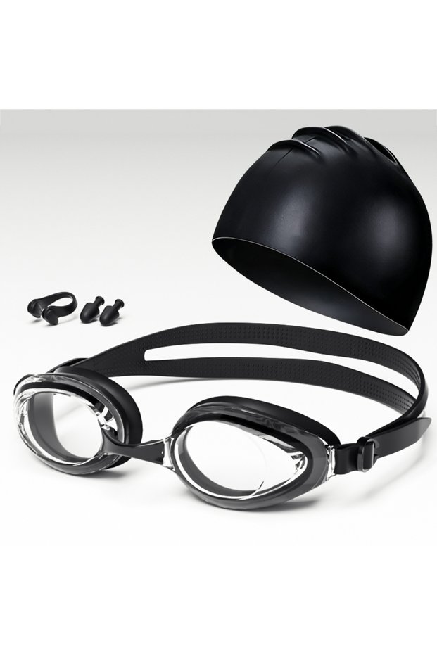 Black transparent Swim Goggles Swimming Goggles Waterproof and Anti Fog Adult with Swim Cap, Nose Cl